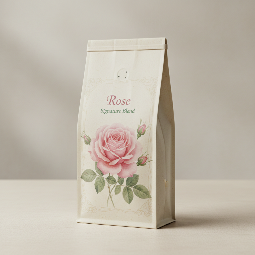 Rose — Signature Blend coffee bag with Redouté botanical illustration
