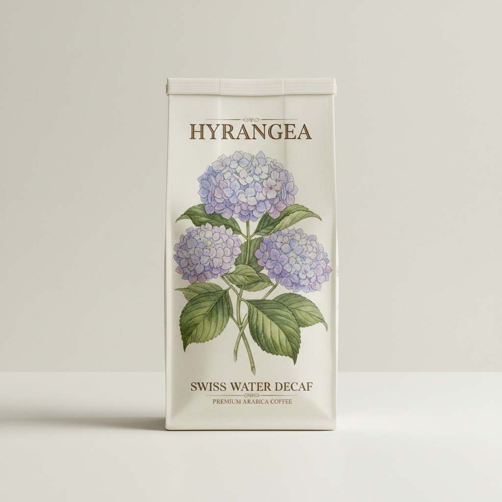 Hydrangea — Swiss Water Decaf coffee bag with Redouté botanical illustration