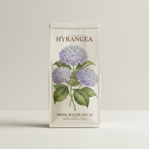 Hydrangea — Swiss Water Decaf coffee bag with Redouté botanical illustration