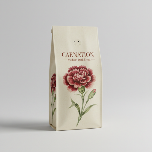 Carnation — Medium-Dark Blend coffee bag with Redouté botanical illustration